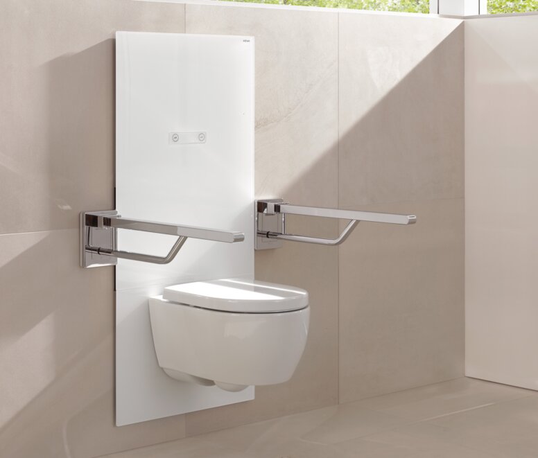 Height-adjustable WC module with folding support handle