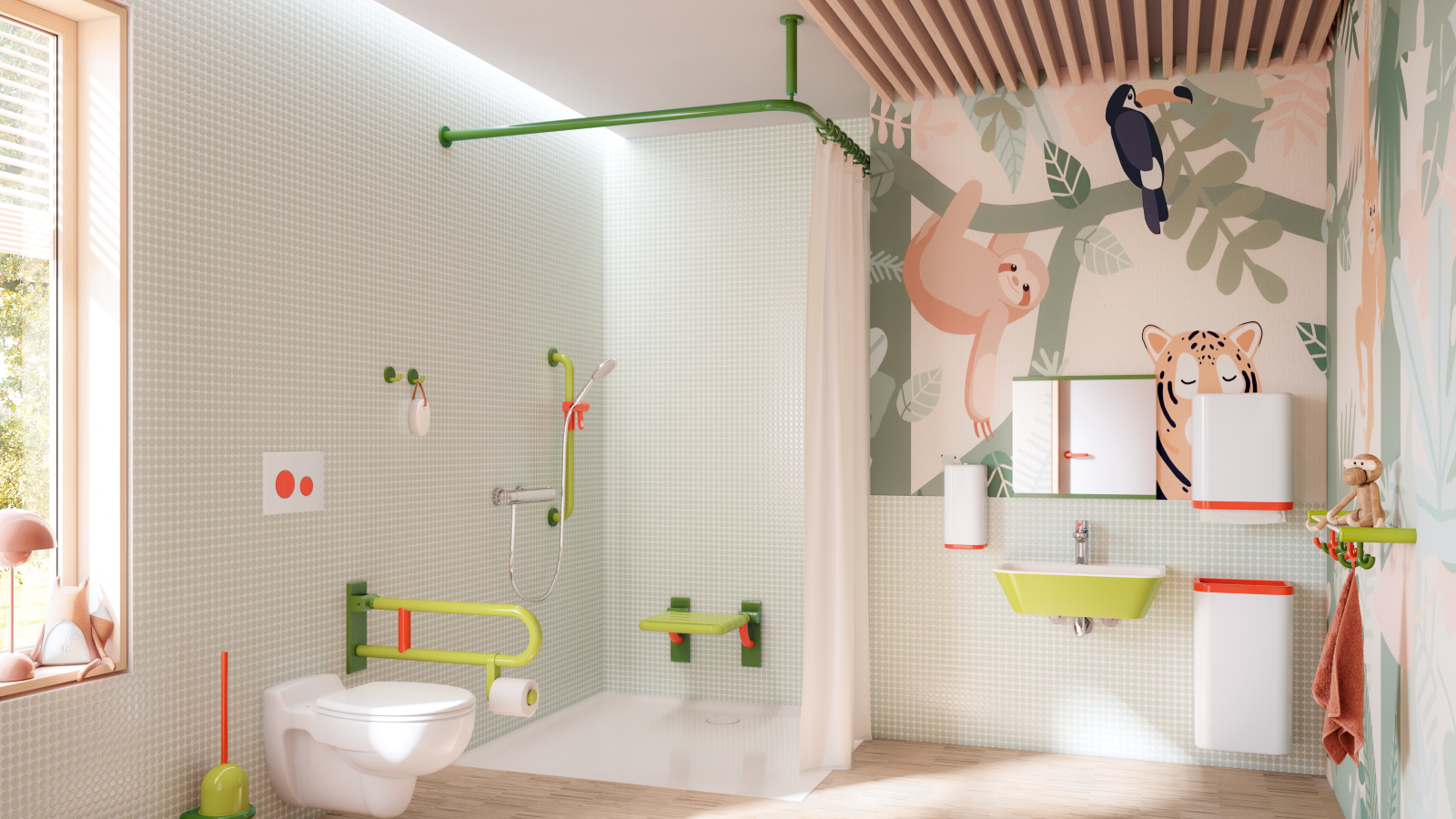 Kindergarten bathroom with colourful sanitary equipment