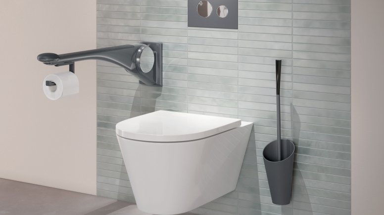 WC equipped with folding support handle and toilet brush in the colour anthracite matt