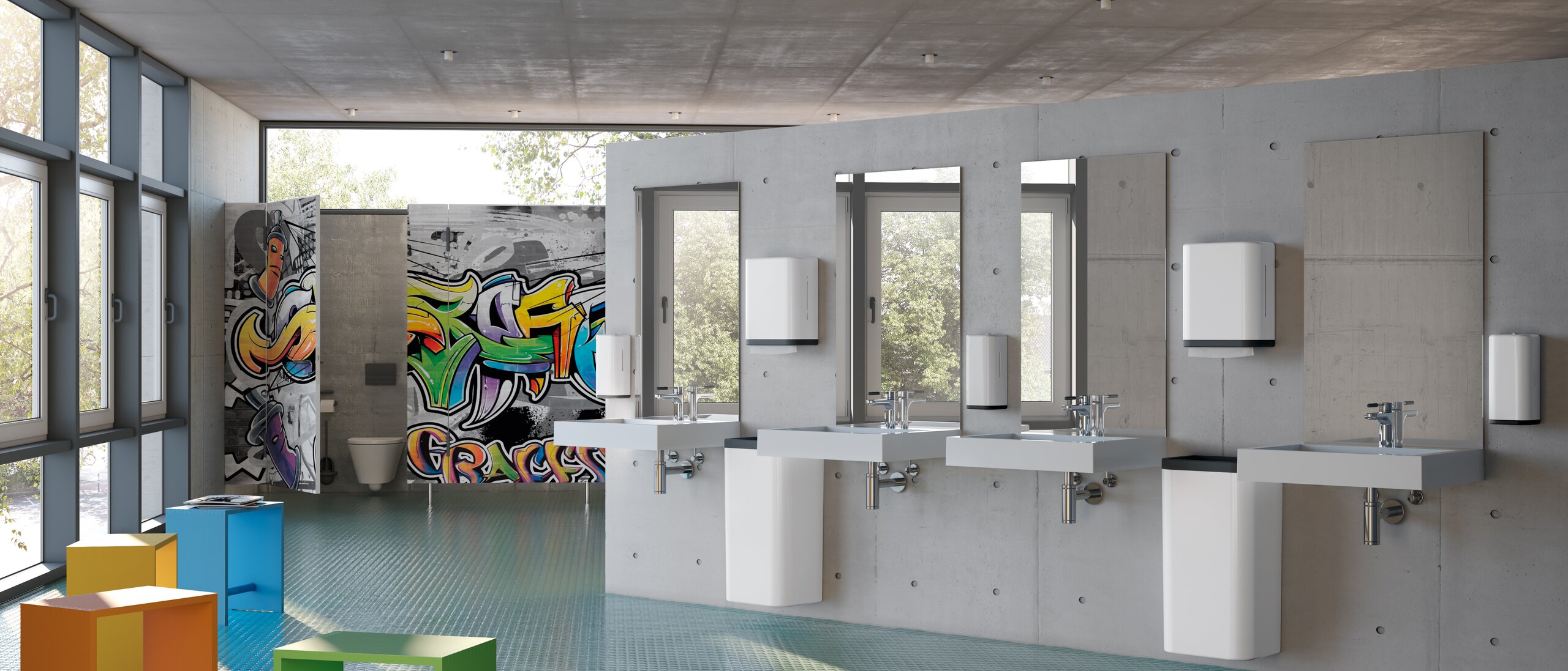 Colourful school WC in matt anthracite