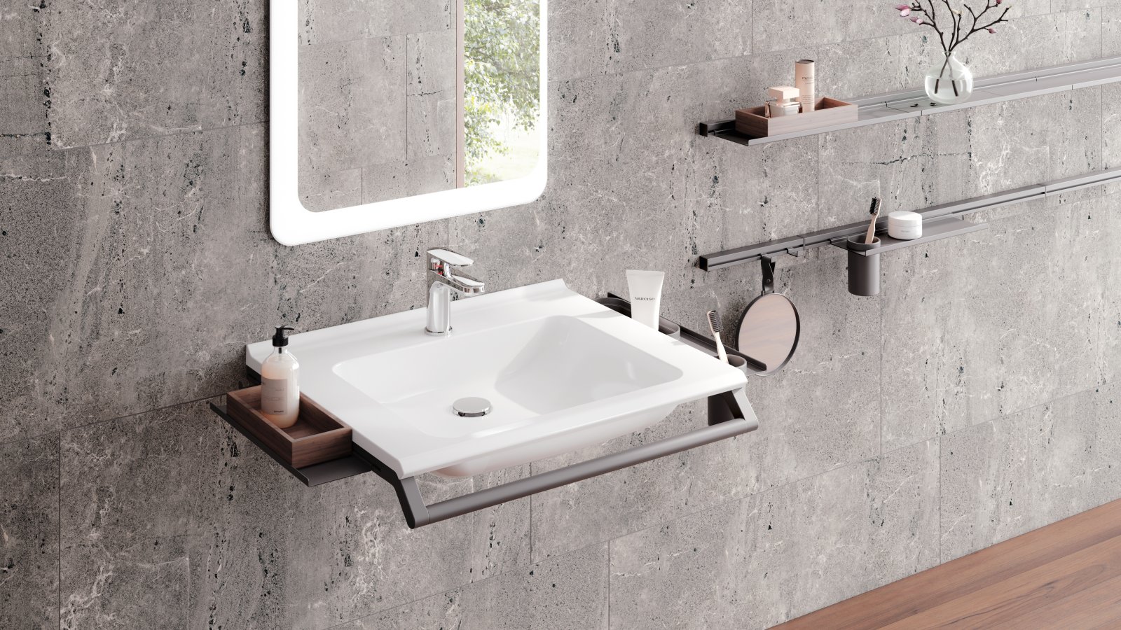 Modular washbasin with grab rail and shelves for bathroom utensils in dark grey matt stainless steel